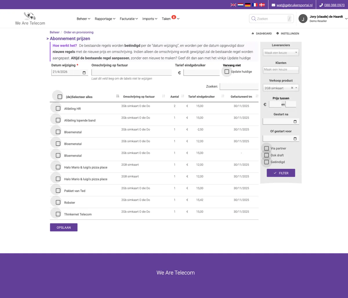 Pagina Abonnement prijzen gefilterd op product